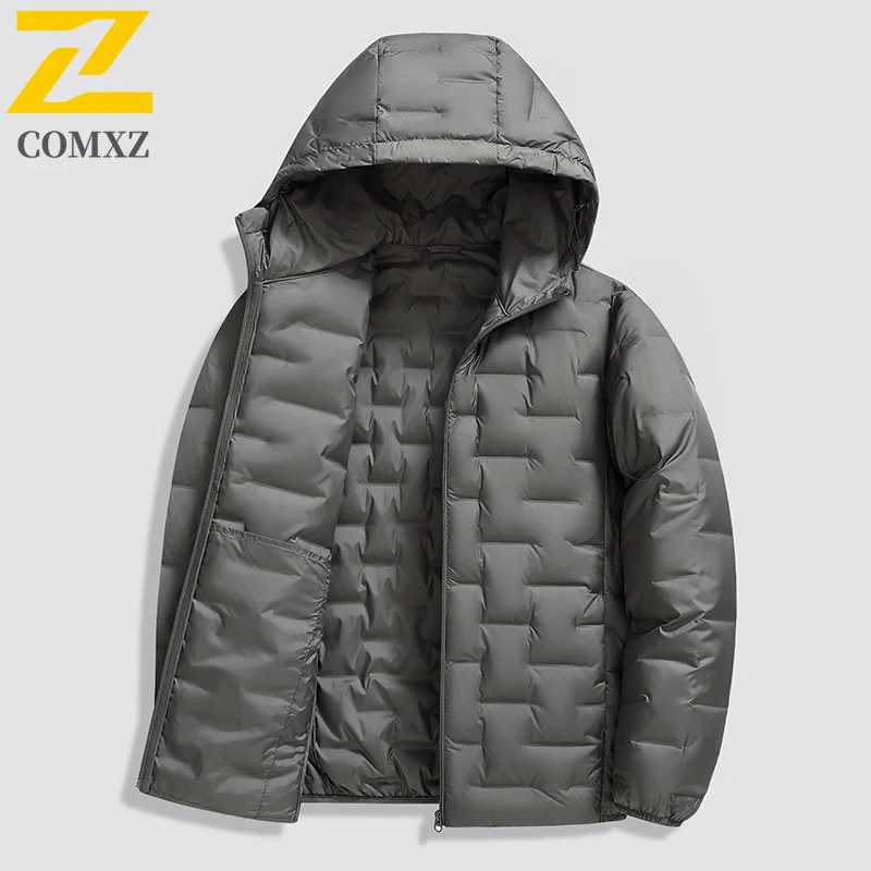 COMXZ Mens Short Down Jacket Ultra Light Outdoor Work Cold Resistant Puffer Jackets Hooded Business Casual Warm Winter Coat