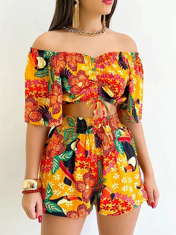 Floral Print Off Shoulder Crop Tops & Shorts Set Casual Summer Women Two Piece Set Outfits