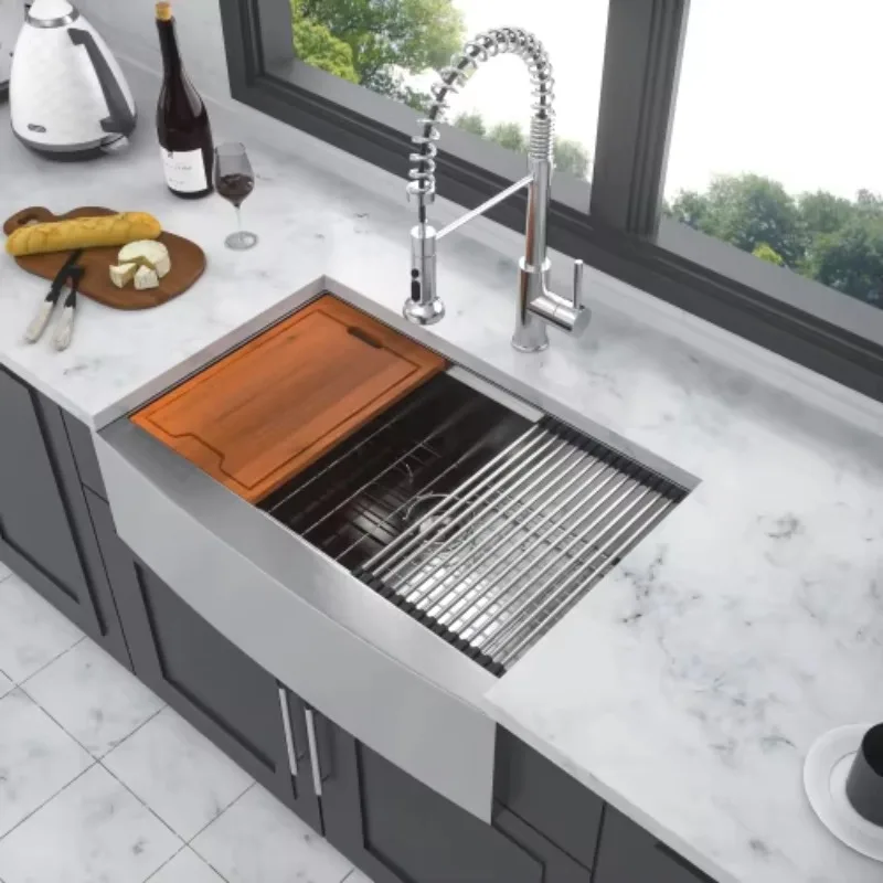 ATV Modern Kitchen Sink Set Single Bowl With Drain Board 32x22 Inch, Apron Front Modern 304 Stainless Steel Farmhouse