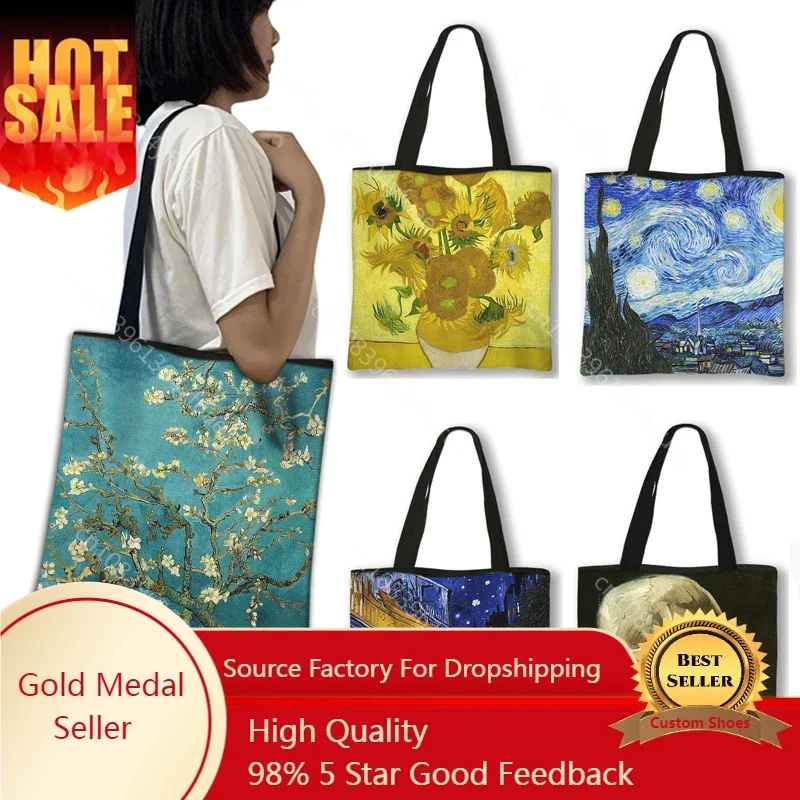 Oil Painting By Van Gogh Shopping Bags Blossoming Almond Tree / Starry Night Women Handbag Canvas Shoulder Bags Casual Totes