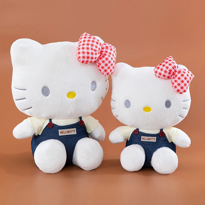 

Sanrio Hello Kitty Plush Toy Cute Red Plaid Bow Denim Overalls Soft Stuffed Doll Kitty Cat Pillow Birthday Gift Home Decoration