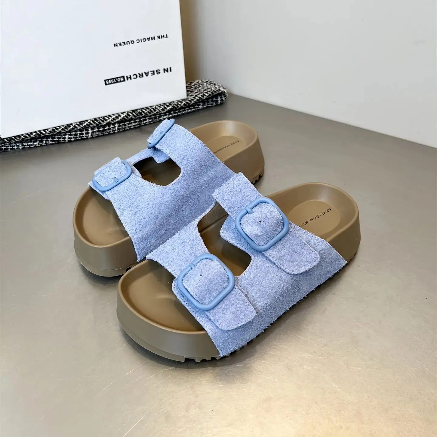 Beach Slippers Women's Genuine Leather Thick Soled Slippers Summer Outside Double Belt Buckle Women Sandals Pantuflas De Mujer view 3