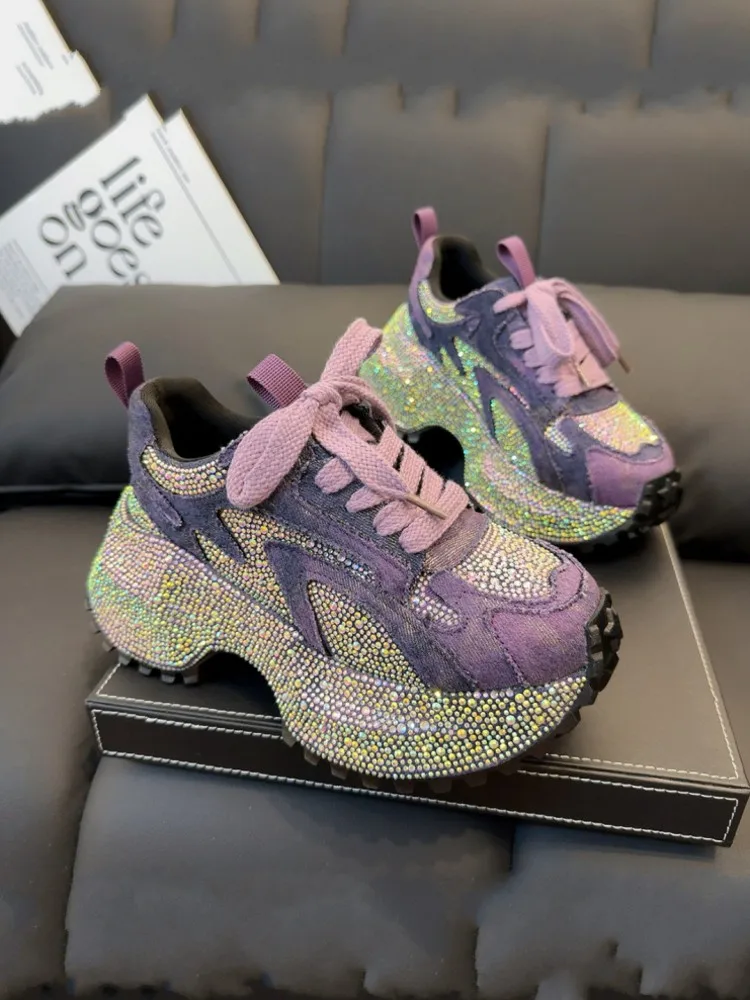 Comfortable Lady Sequin Diamond Lace Up Denim Spliced Mesh Height Increasing Thick Platform Pumps Casual Sneakers Fashion Shoes view 4