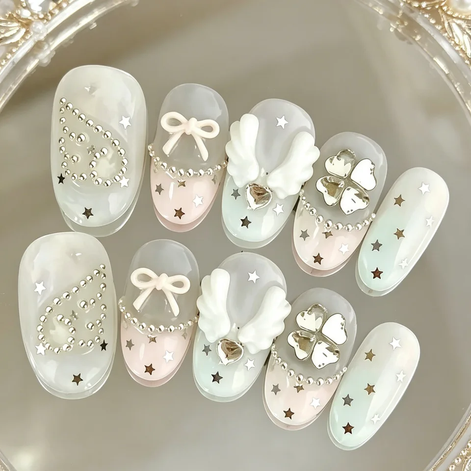 10 uñas postizas ovaladas, hermosas, con degradado blanco y verde y alas de ángel, para mujeres
