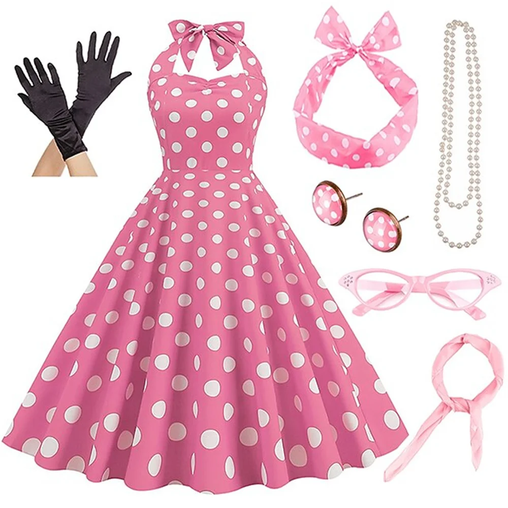 Robe Rockabilly à pois pour femme, évasée, ensemble d'accessoires, boucles d'oreilles, collier, bande de sauna, lunettes, gants