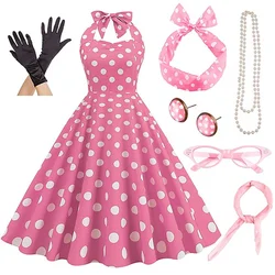 Women's Rockabilly Dress Polka Dots Swing Flare Dress with Accessories Set Earrings Necklace Headband Glasses Gloves Dress