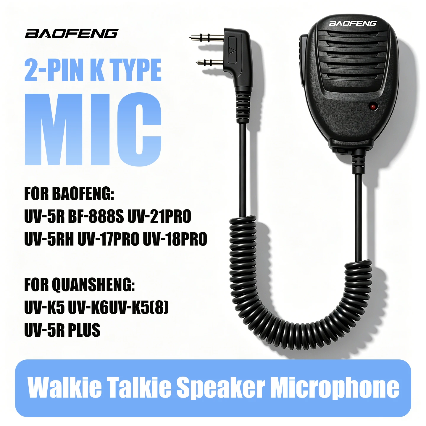 Baofeng Walkie-Talkie Handset, Microphone, Shoulder Microphone, Speakerphone, with Indicator Light, Back Clip, Rotatable, K Head