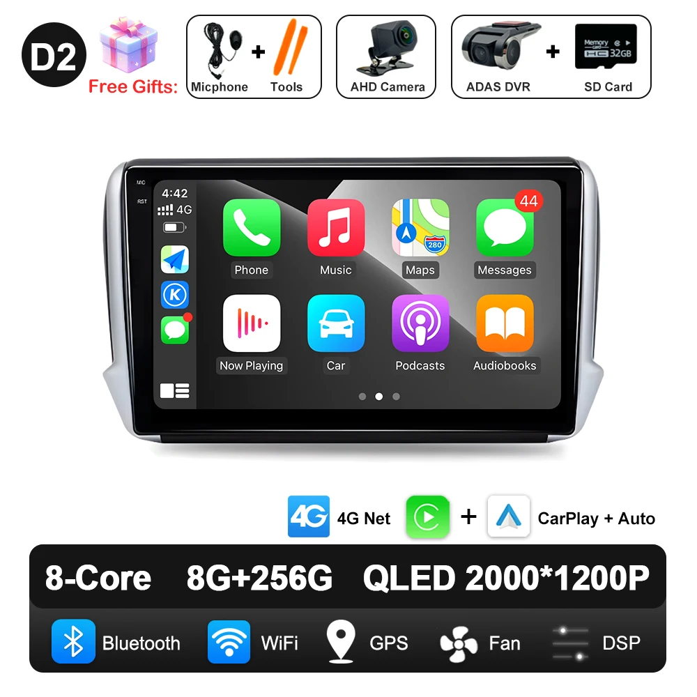 Android 16 Navigatie Multimedia Speler Carplay Auto Stereo BT video Autoradio voor Peugeot 2008 208 Serie 2012 2013 2014 - 2018