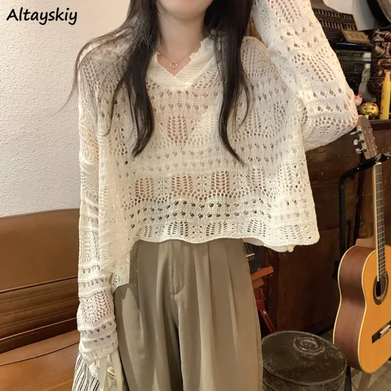 

Женские пуловеры с вырезами, нежные, с v-образным вырезом, новинка весны в стиле Харадзюку, модные, в корейском стиле, уменьшающие возраст, повседневные, винтажные, комфортные