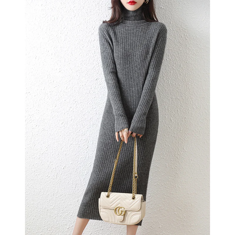 Autumn Winter High Elasticity 100% Wool Thicken Sweater Dress Warm Basic Knit Pullovers Women Slim Dress Female Casual Dresses