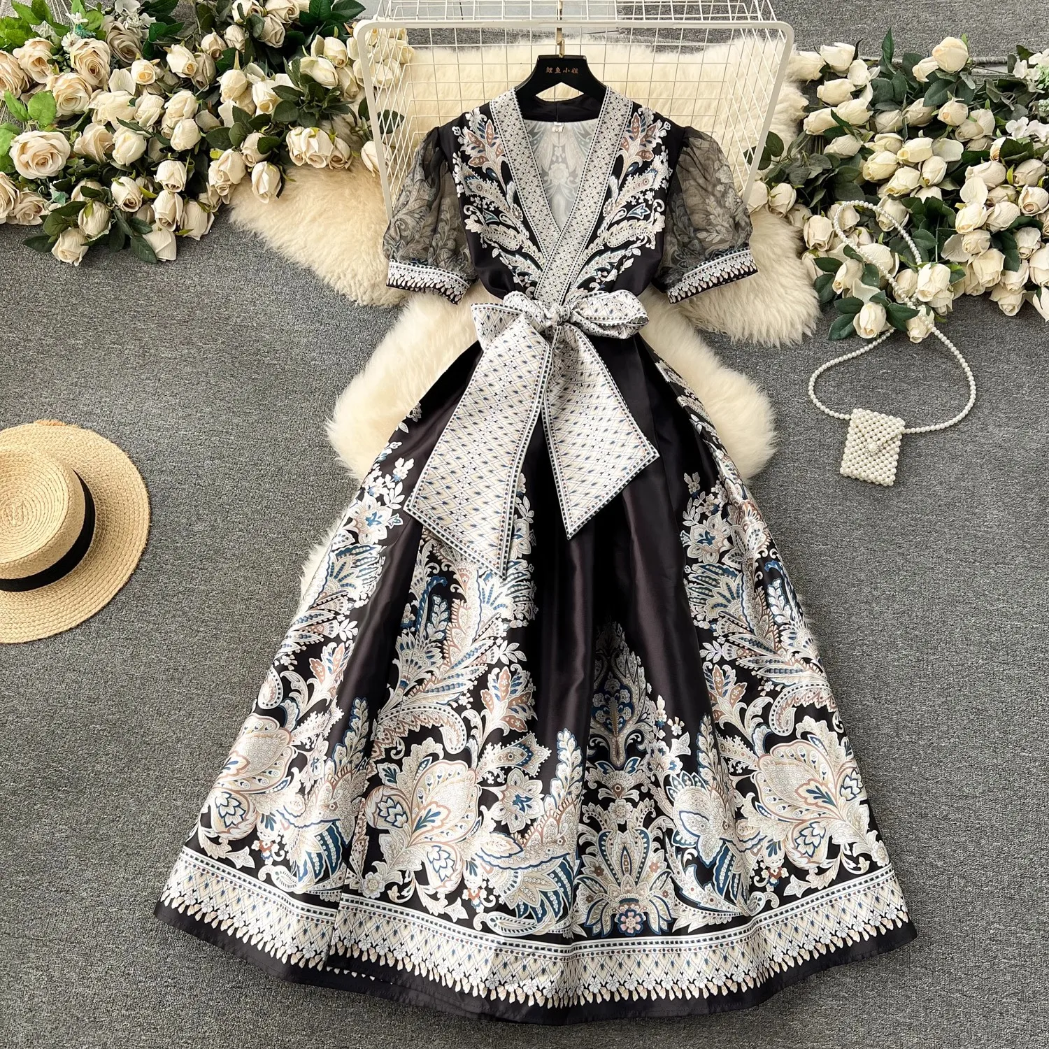 Summer Bohemian Paisley Print Long Dress Women V-Neck Short Puff Sleeve Vintage Print Bandage Lace Up Robe Vestidos Clothes 6237