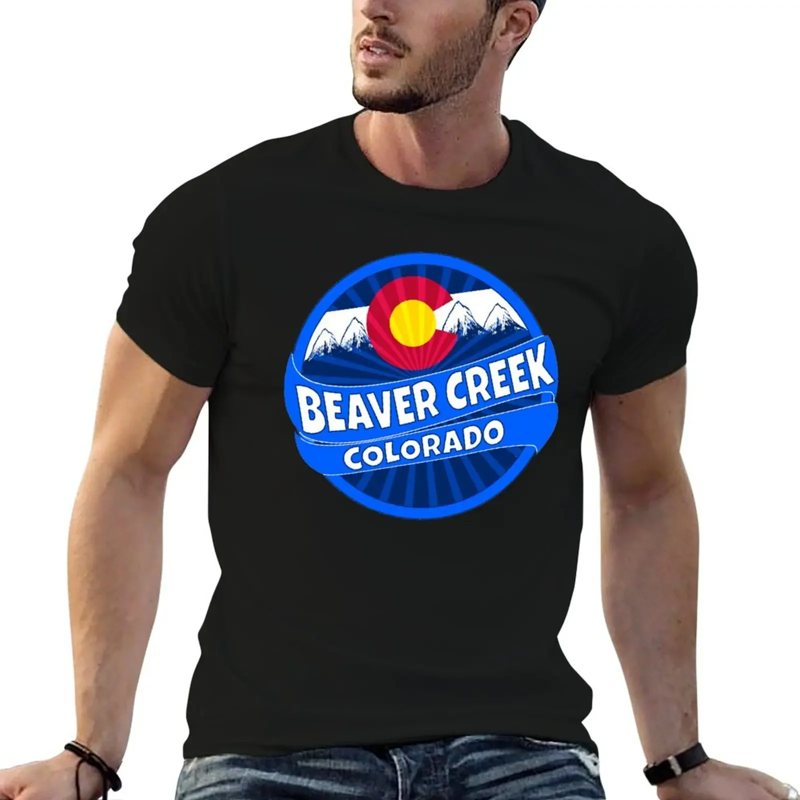 

Beaver Creek Colorado flag mountain burst T-Shirt vintage plus size clothes blue archive quick drying t shirt men 100℅ cotton