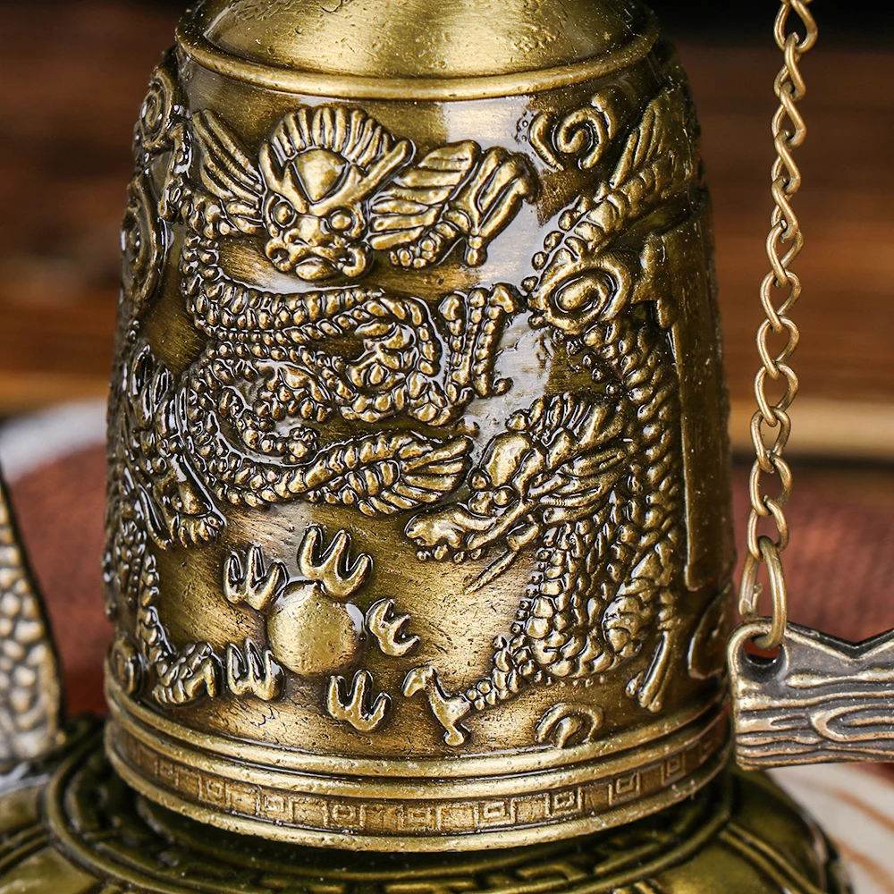 7*12cm Temple Brass Buddhism Arts Home Decorative Crafts Copper Dragon Bell Carved Statues Statue Clock