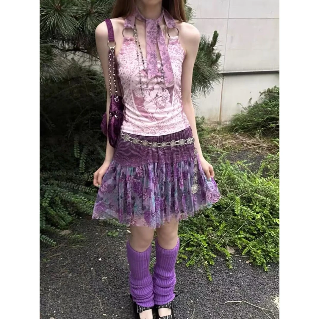 Genayooa Gothic Print Halter Tops Sleeveless Lace Up Crop Tops Y2k Vintage Tank Tops 2000s Japanese Fairycore Streetwear Summer