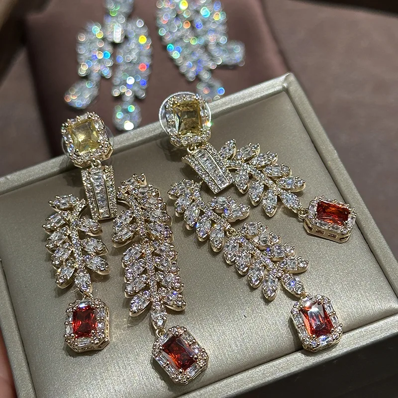 Multicolor Rectangular Cubic Zirconia Long Dangle Earrings Leaf Shape Sparkling Tassel Drop Earrings Luxury Women Daily