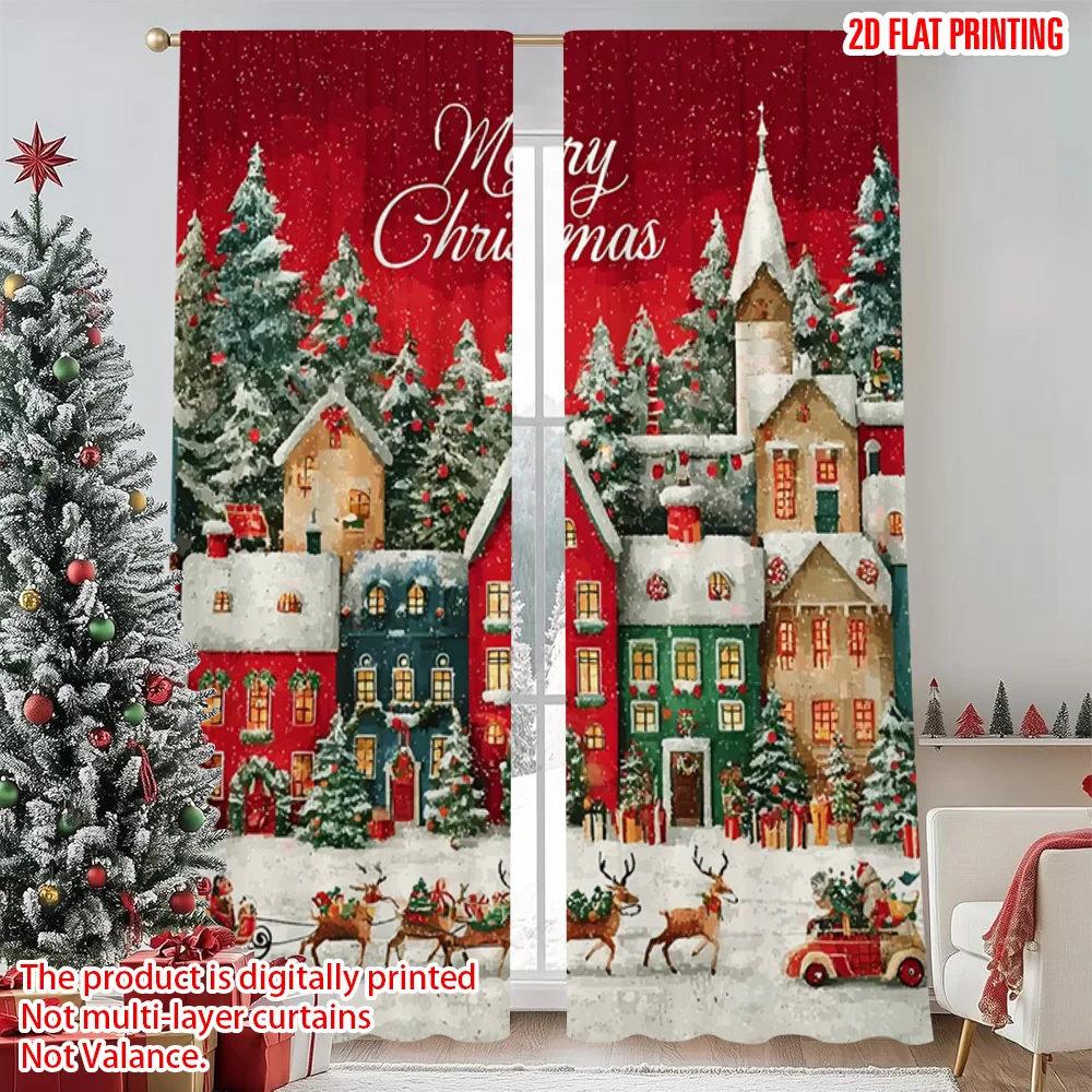 

2pcs 2D flat printing Christmas Scene Curtain Christmas Village 100% Polyester Without Electricity Versatile Perfect for