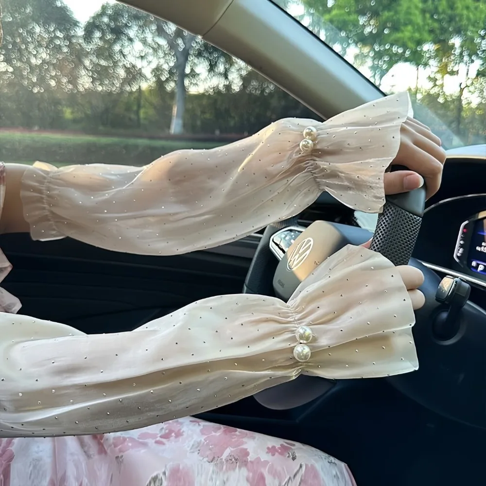 Pearl Iridescent UV Sun Protection Arm Sleeves Women Ice Silk Cooling Driving Gloves Breathable Elastic Arm Covers for Outdoor