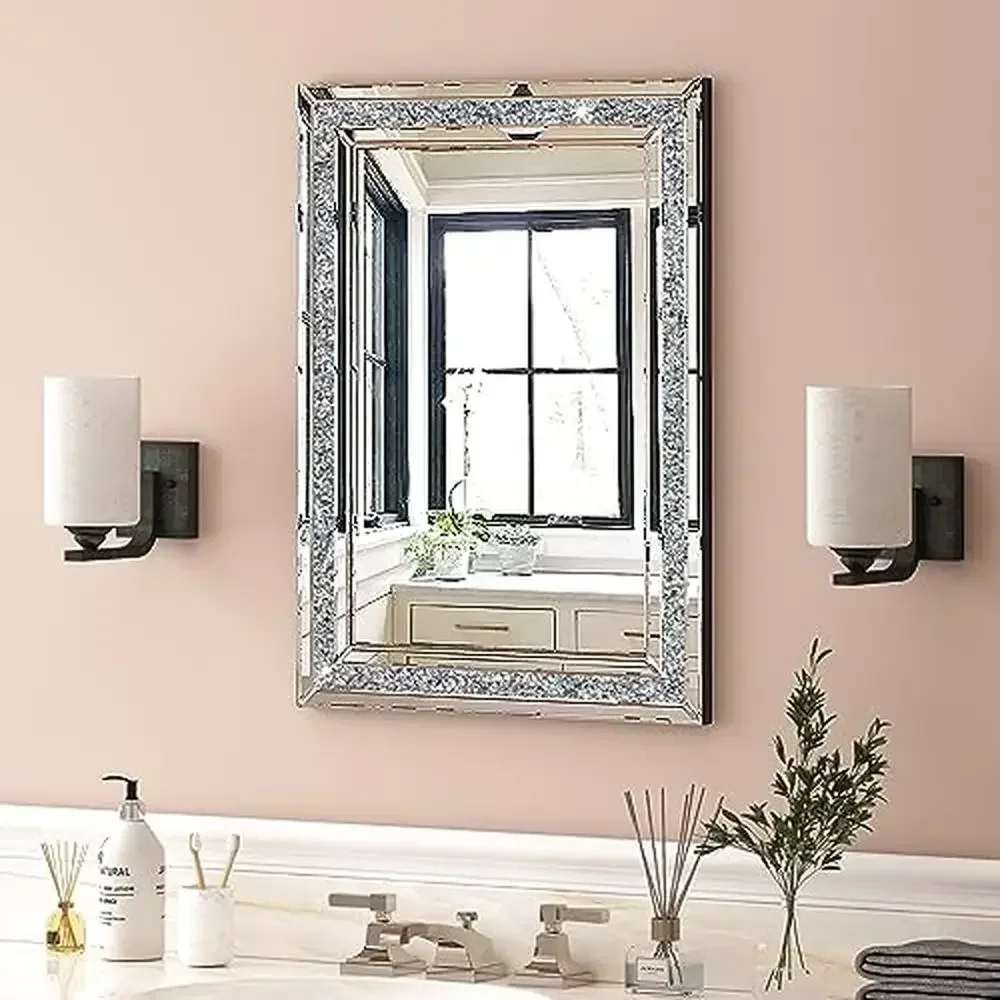 32x24 Crushed Diamond Beveled Wall Mirror Decor Silver Luxury Modern MDF Home Decoration Big Long High-end Sturdy Hooks