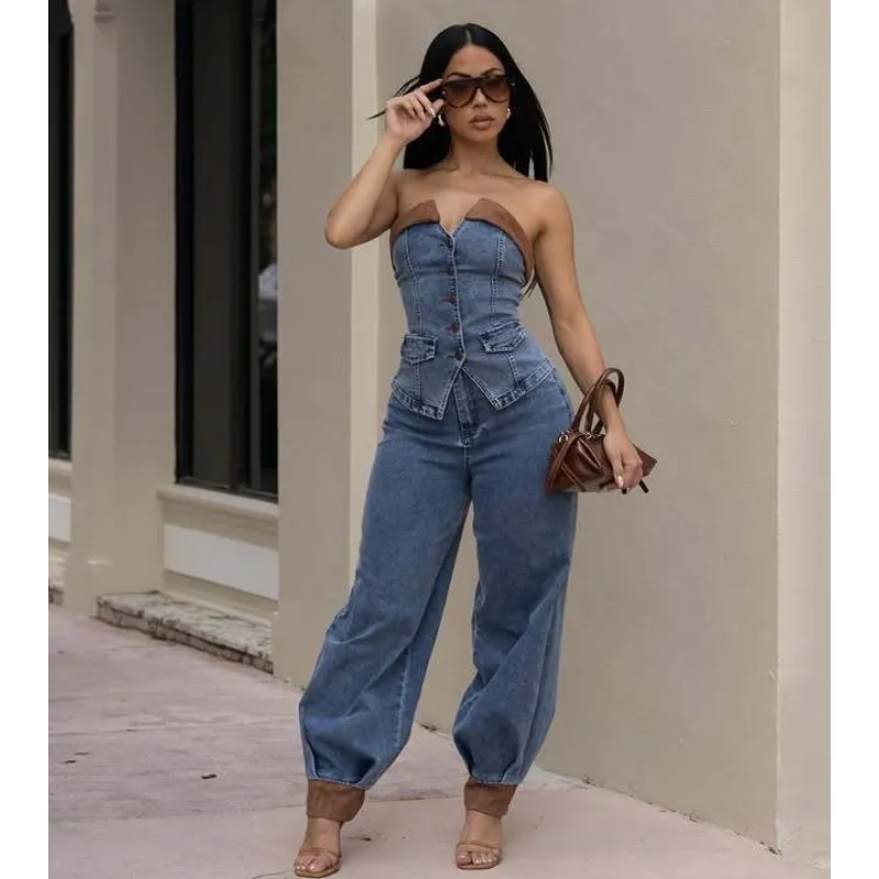 

2025 Autumn Patchwork Denim Slim Casual 2 Piece Set Women Slash Neck Strapless Single Breasted Top Zipper Pants Street Outfits