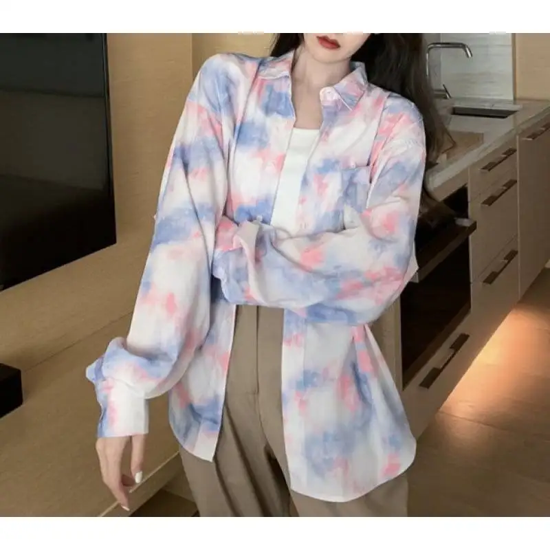 2023 New Korean Tie Dyed Shirt Women  Clothes Summer Chiffon Shirt Thin Sun Protection Long Sleeve Shirt Design Sense Small Top