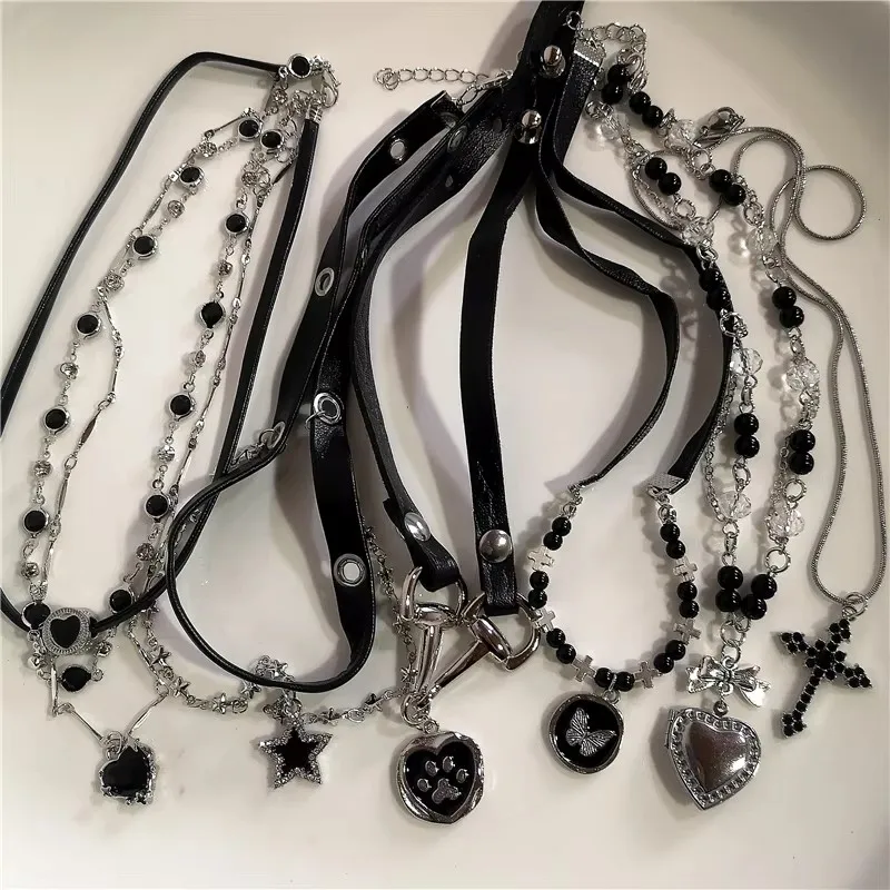 Gothic Schwarz Kreuz Herz Stern Anhänger Halsband Halskette Frauen Punk Vintage Ästhetischen EMO Grunge Y2K Charme Hals Schmuck Zubehör