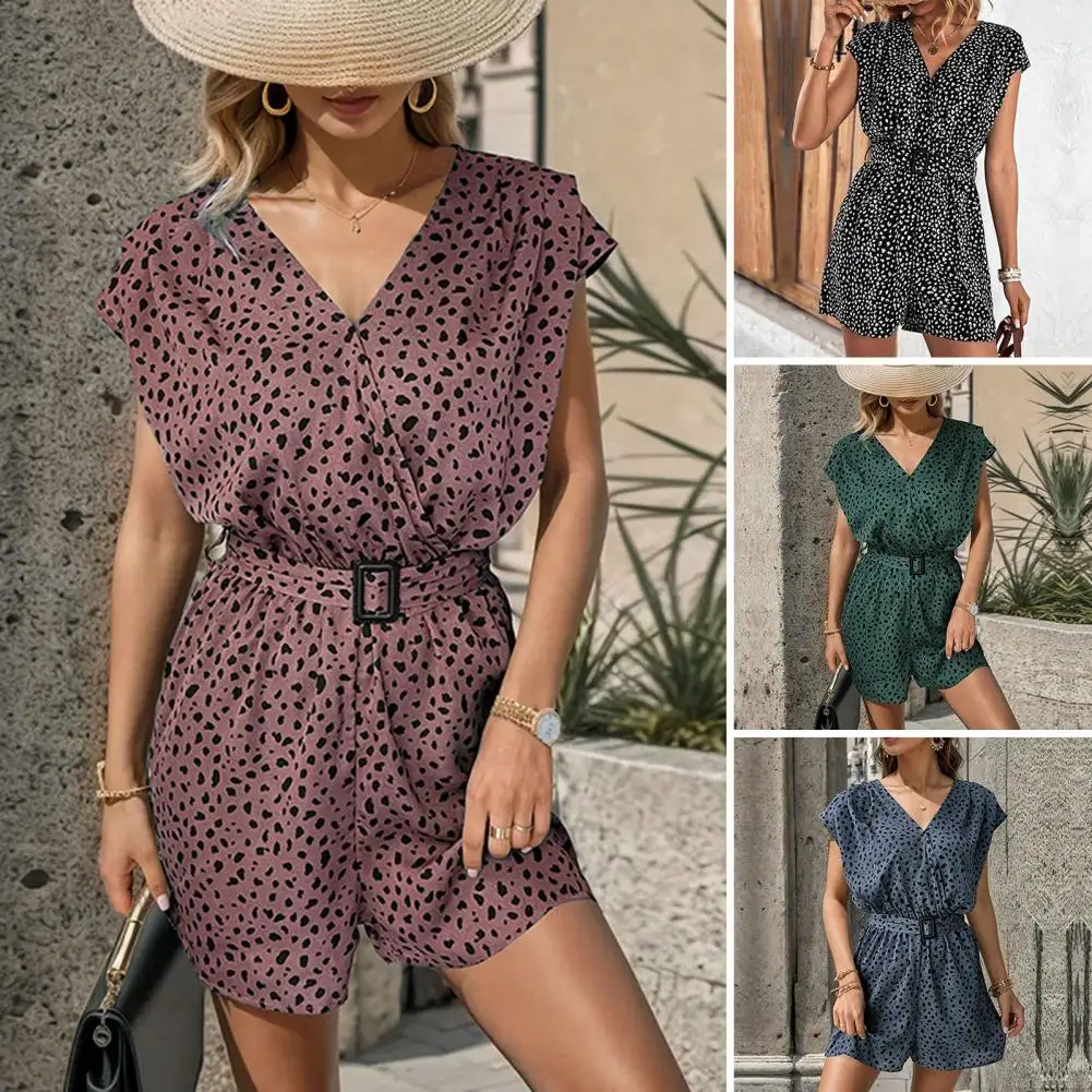 Macacão leve com estampa leopardo em V para mulheres, elegante design plissado para namorar com trajeto apertado com cintos, verão