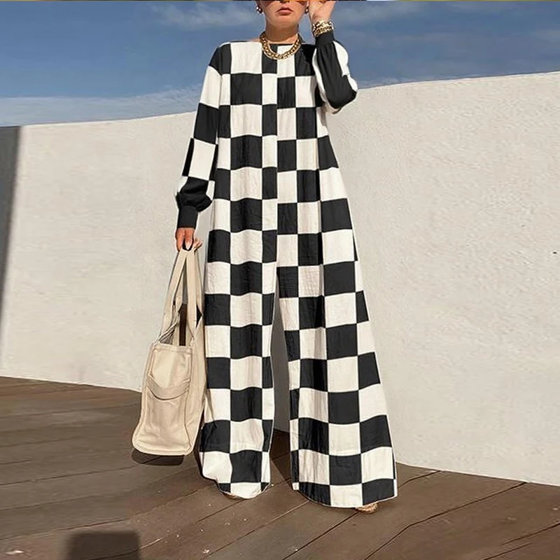 

Women's Stylish Classic Plaid Loose Wide Leg Jumpsuit 2026 Spring Autumn Long Sleeves Pant One Piece Romper Jumpsuit for Woman