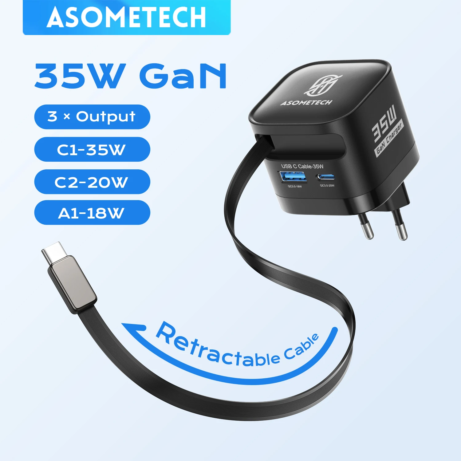 Chargeur USB C GaN ASOMETECH 35W avec câble rétractable de Type C 3 USB PD3.0 QC3.0 PPS chargeur USB rapide pour iPhone 17 iPad Samsung