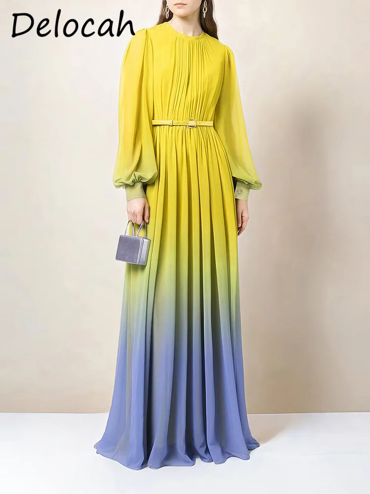 

Платье Delocah с постепенными изменениями в европейском и американском стиле, элегантное желтое приталенное платье с рукавами-фонариками и длинными рукавами