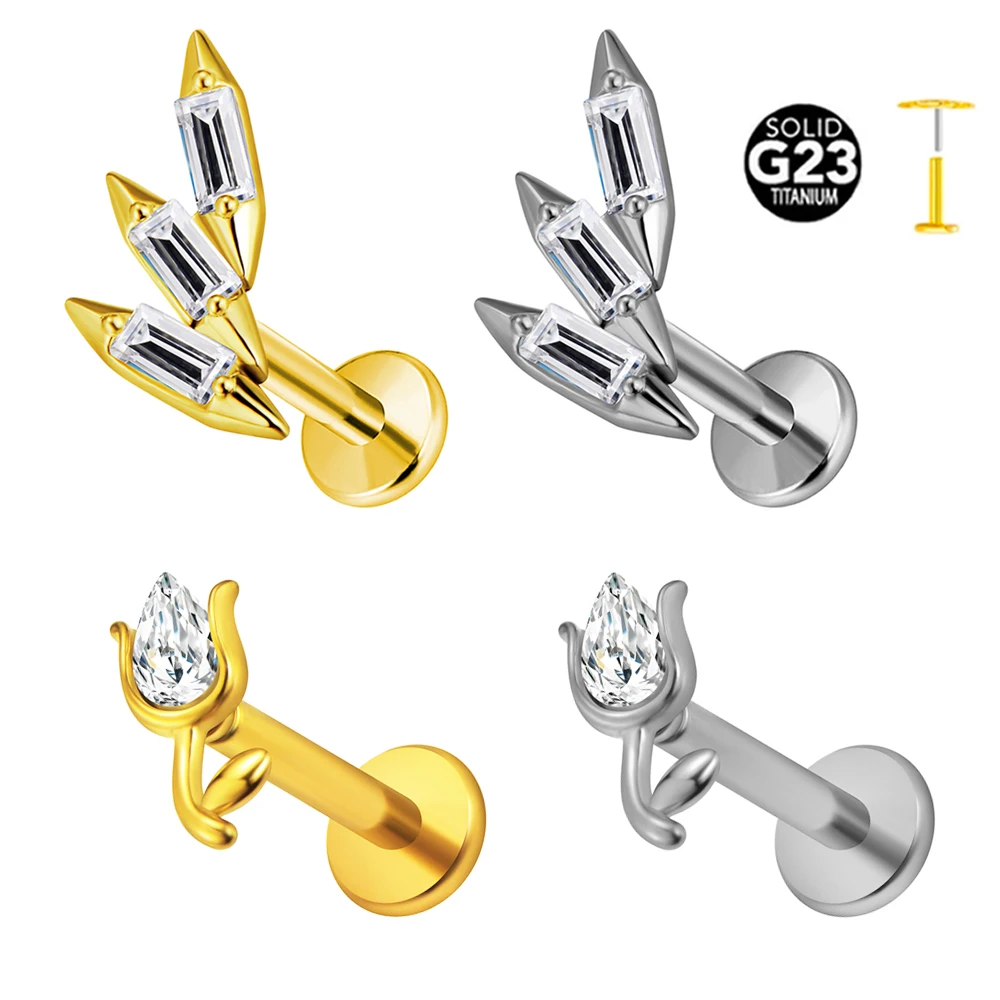 

G23 Titanium Flowers Rose CZ Labret Piercing Push In Pointed Cone Earring Stud Threadless Cartilage Helix Piercing Body Jewelry