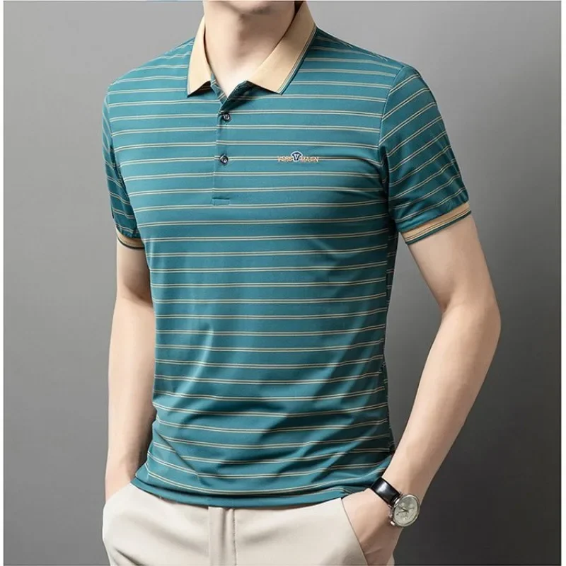 Minimalist and Trendy Summer Men's Turn-down Collar Striped Embroidery Pockets Comfortable Loose Polo Shirts Tops ZL33