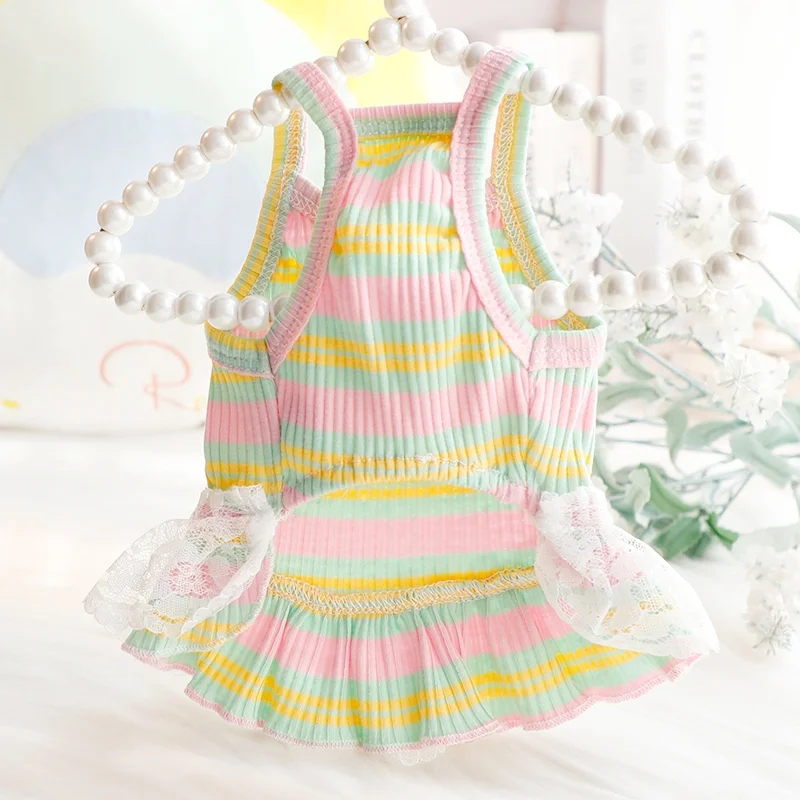 Summer Pet Dog Clothes Fashion Striped Dog Dress Cute Lace Puppy Princess Skirt Cat Wedding Skirt Pet Dog Clothes for Small Dog