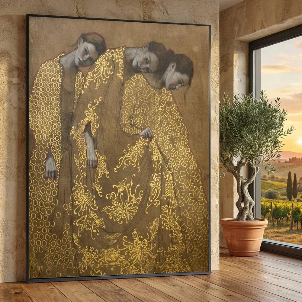 Three Muses in Golden Robes Canvas Print Modern Figurative Art Poster For Living Room Elegant Women Canvas Painting Wall Art