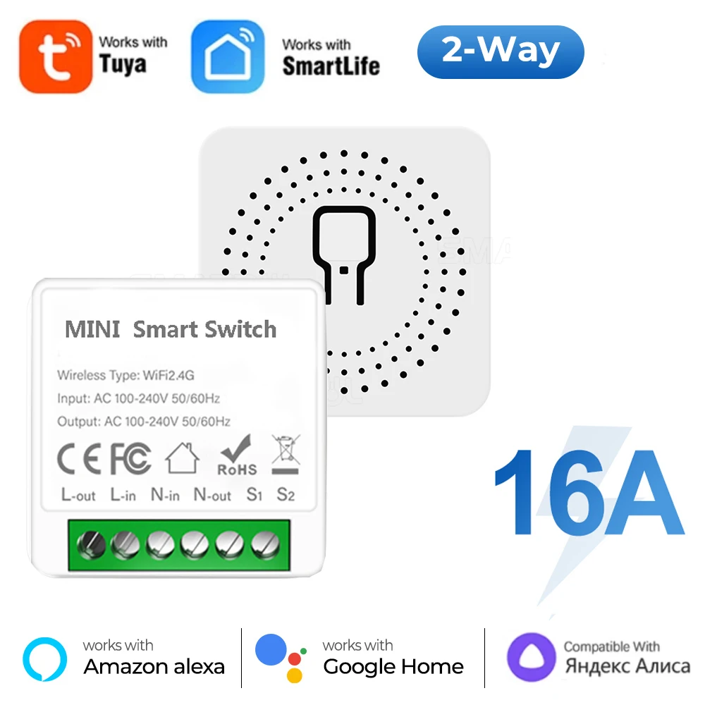 16A Wifi Mini Smart Switch Wireless DIY Light Switches 2 Way Control Breaker Work with Tuya Smart Life Alexa Google Home