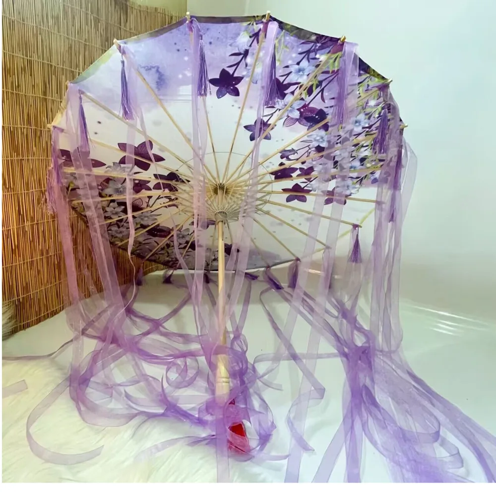 Purple Lavender Anime Umbrella With Fan Windproof For Beach Dance Cosplay OilPaper Umbrella Parasol Hanfu