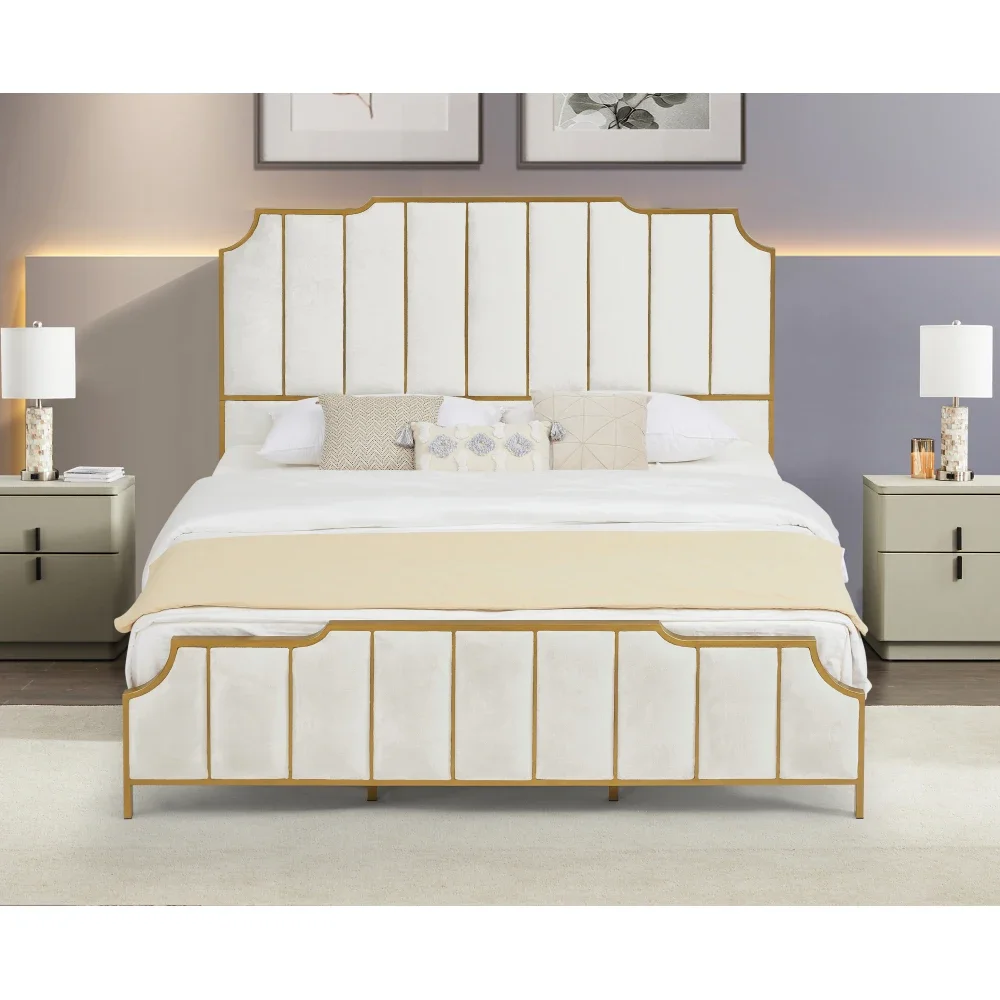 Bed Frame,Upholstered Platform Bed & High headboard with Wood Slat Support,No Box Spring Needed,Easy Assembly, Velvet White