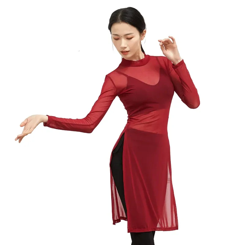 Modern Dance Dress Long Sleeve Women Classical Dance Yoga Shirt Sexy Transparent High Collar Practice Top Solid Color Plus Size