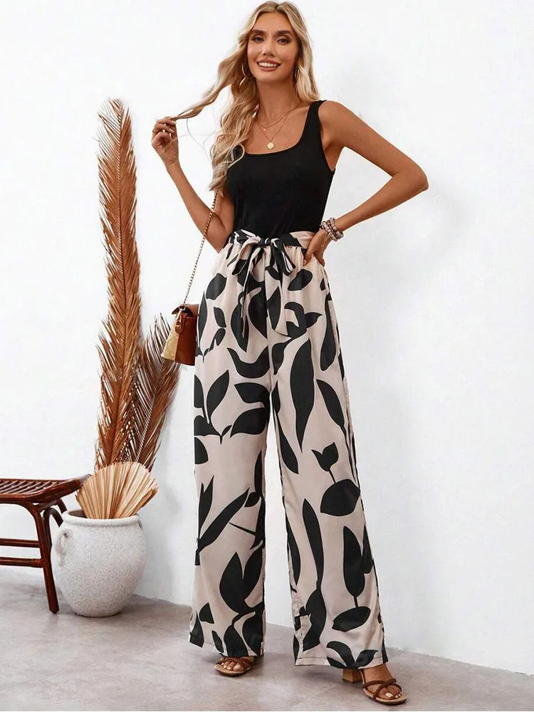 Elegant Sexy Jumpsuits Women Sleeveless Floral Print Patchwork Trousers Wide Leg Tanks Rompers Loose Style Belted Leotard Overal