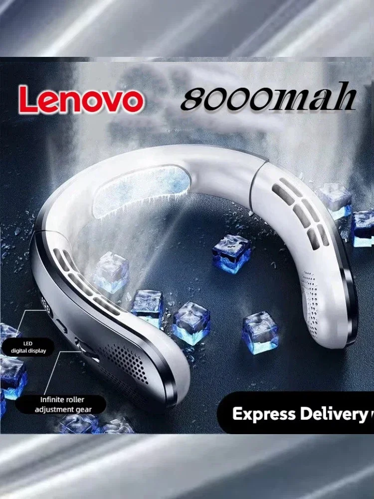 Lenovo Halsventilator, 8000 mAh, tragbar, blattlos, über USB wiederaufladbar, stumm, LED-Digitalanzeige, elektrischer Luftkühler, USB-Handventilator