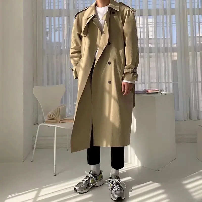Khaki Black Trench Coat Men Oversized Fashion Casual Long Coat Men Streetwear Korean Loose Windbreaker Jacket Mens Overcoat