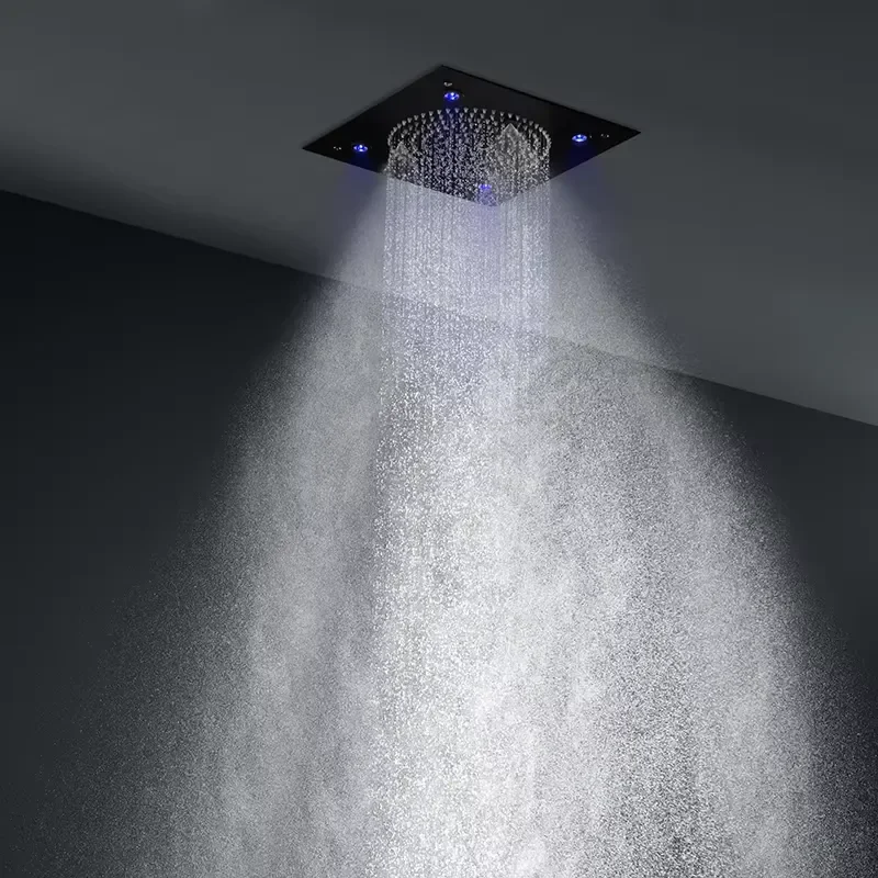 18 Inch Ceiling Mounted Rainfall Shower System 2 Function LED Smart Bathroom Spray Set Modern Home Bath Fixtures Black
