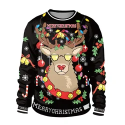 Funny Christmas Sweatshirts with Deer Print Sweatshirt Women Ugly Xmas 2024 Man Couples Pullover Family Oversized New Year Merry