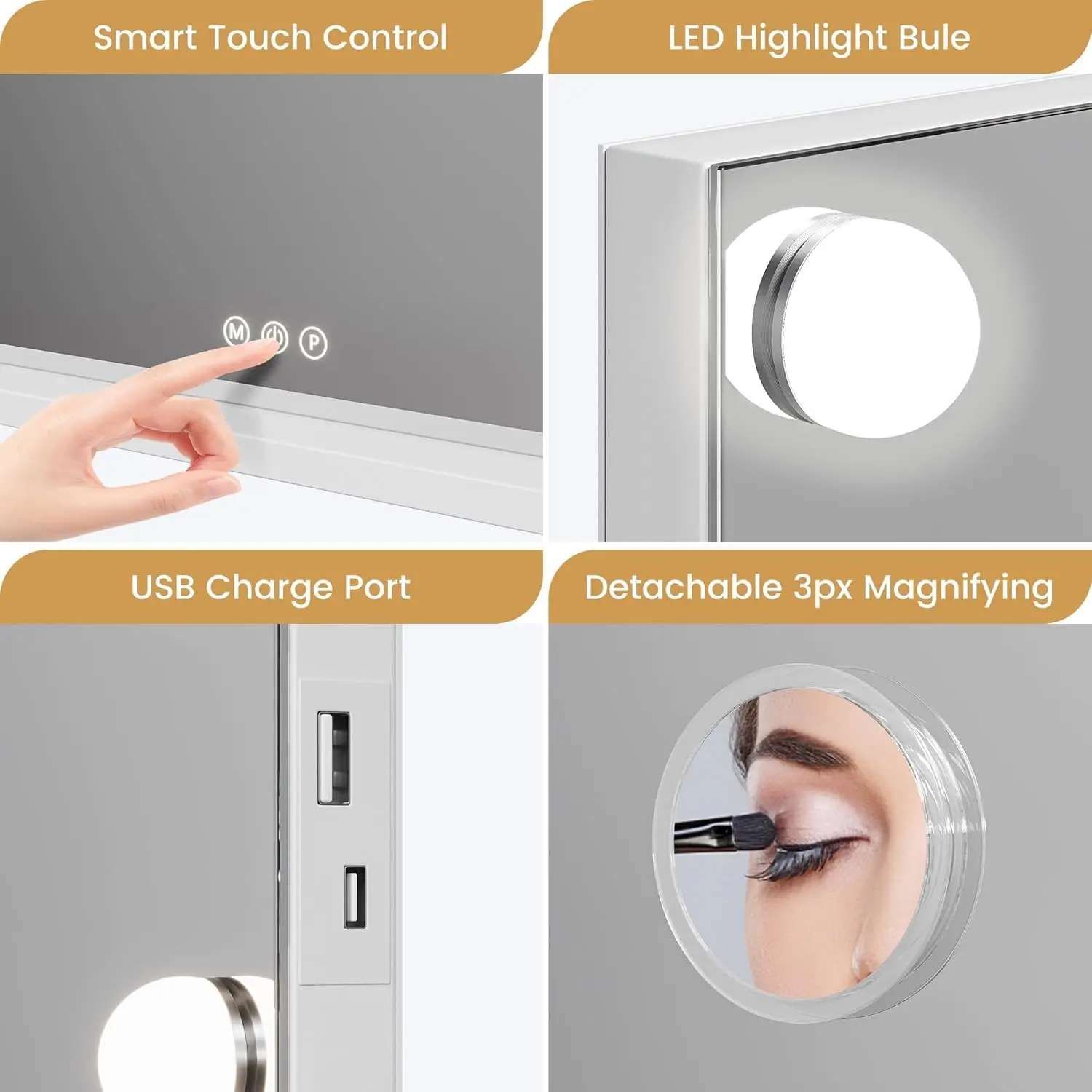 Espelho de vaidade com luzes LED ajustáveis, controles de toque inteligentes de ampliação 3X com três modos de cor ajustáveis para quarto