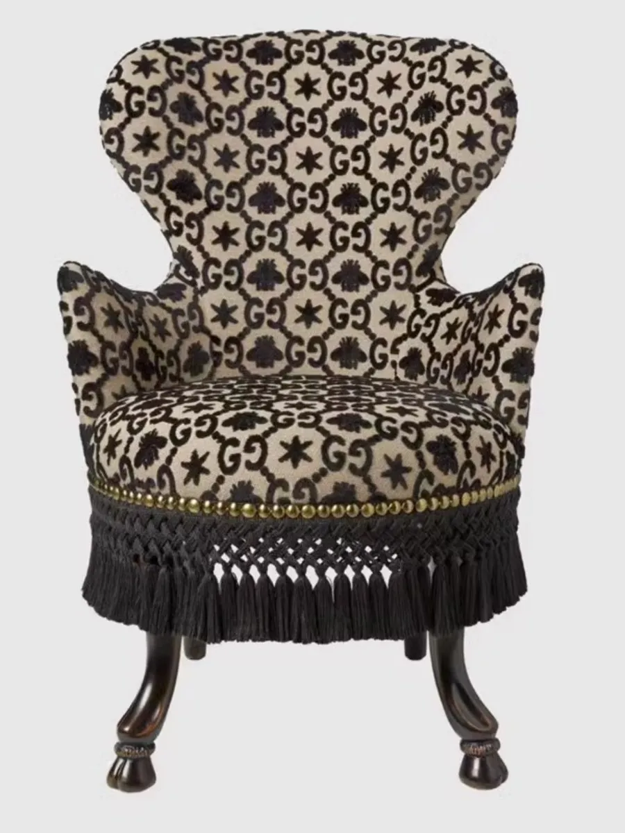 French carved high-end armchair, pre-loved GUCCI with jacquard solid wood black single armchair, neoclassical