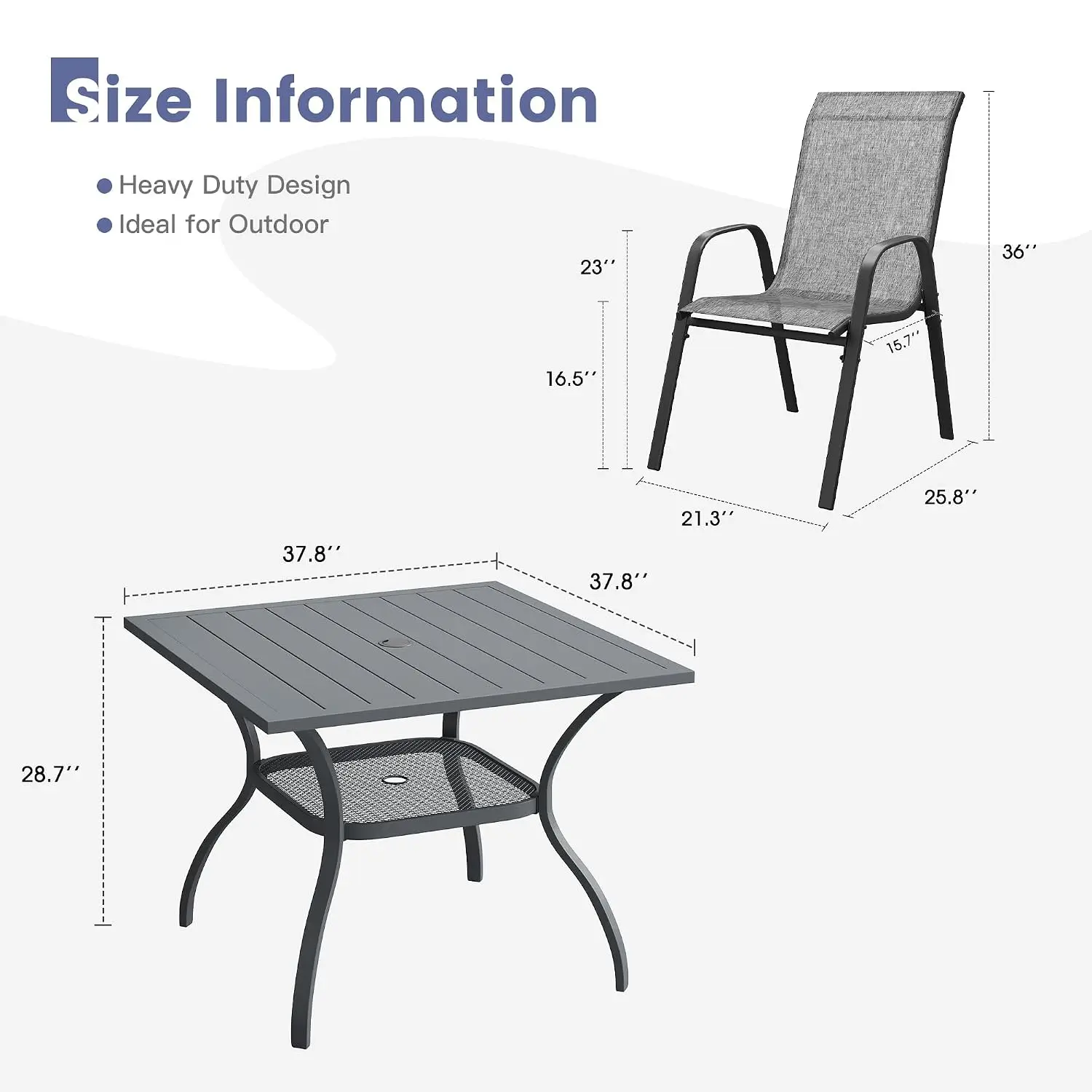 Square Patio Dining Set 4, Metal Slat Table Umbrella Hole & Stackable Chairs Deck Lawn Garden Grey Fabric, Customized