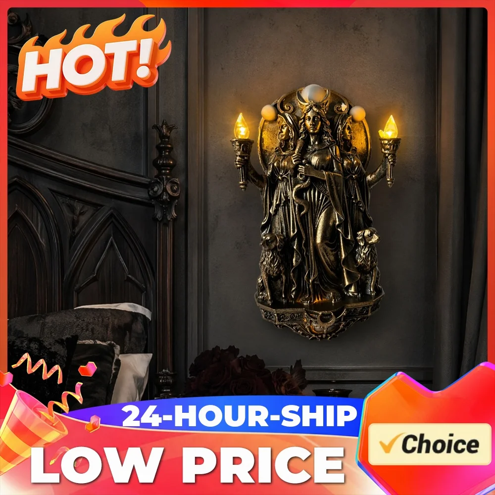 Triple Goddess Wall Lamp with Torches & Dogs Wall Mounted Lights Cordless Design Sconce Lamps for Bedroom Stair Hallway