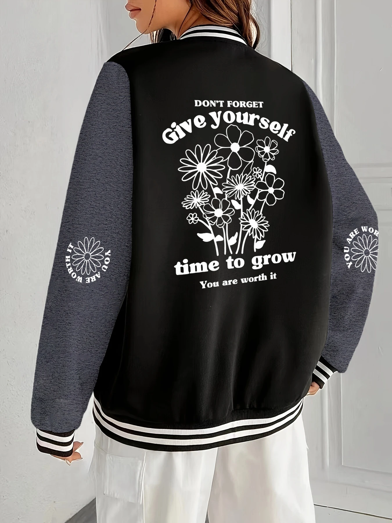 

Женская уличная одежда Give Yourself Time To Grow с принтами, спортивные теплые куртки, свободные топы в стиле хип-хоп с круглым вырезом, повседневная бейсбольная форма для женщин
