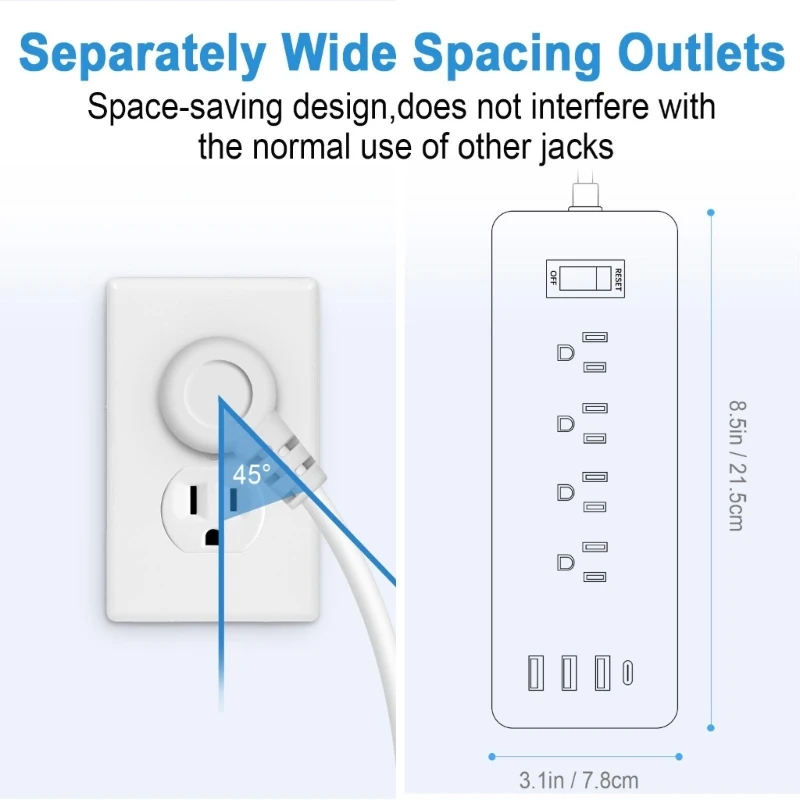 Удлинители с шнуром 180 см/5,9 фута, 12 разъемов, порт USB/Type C, низкопрофильные плоские вилки для домашнего и офисного использования, источник питания