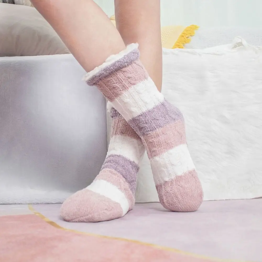

Cute Fried Dough Twist Stripe Fleece Socks Plush Thicken Sleeping Socks Women Kawaii Soft Winter Floor Socks Fall Winter