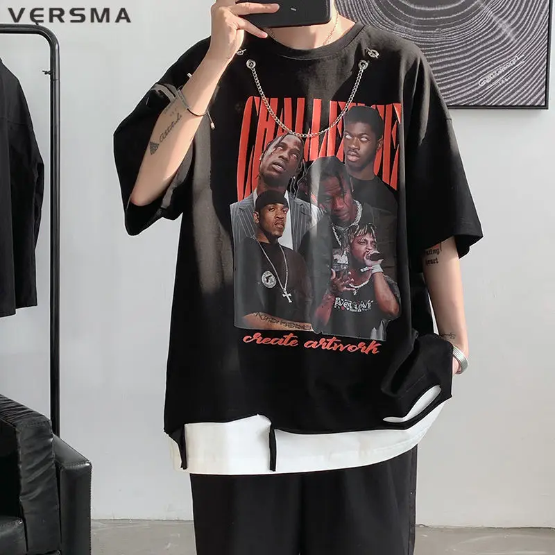 

VERSMA Korean Harajuku BF Chain Patchwork Ripped T-shirt Men Summer Gothic Hip Hop Vintage Oversized T Shirts Women Dropshipping